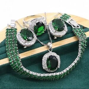 Green Emerald 925 Silver Jewelry set for Women Wedding Party Bracelet Hoop